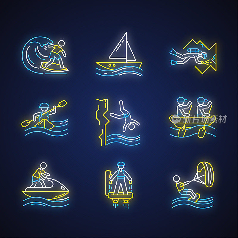 水上运动霓虹灯图标集。发光的迹象。洞穴潜水、冲浪、飞行滑板和航海。悬崖跳水、皮划艇和帆板运动。极限运动。向量孤立的插图