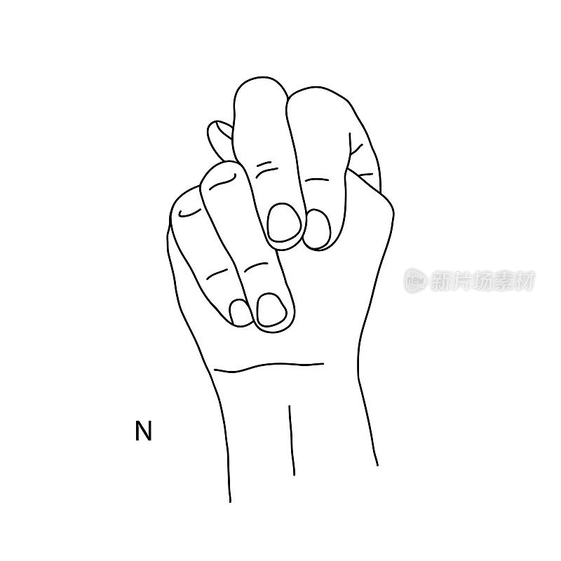 N是手语字母表中的第14个字母。拳头形的手势拇指尖端突出的拳头形的手势一只手的黑白画。聋哑语言