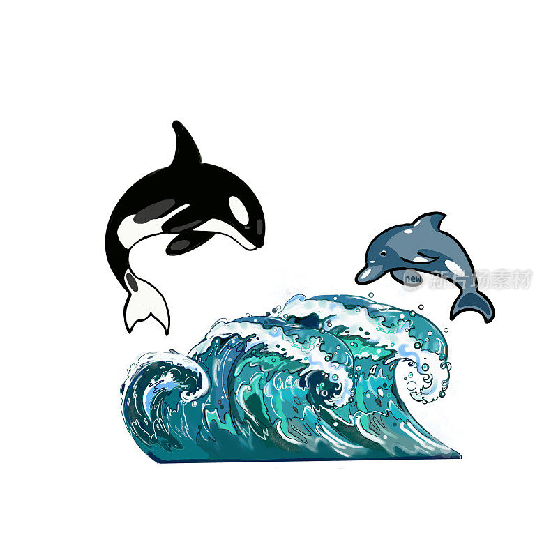 大海布景，海豚，鲸鱼在波浪和白色背景
