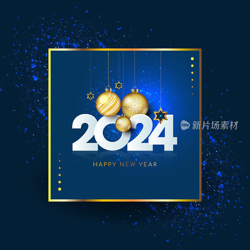 2024年新年快乐。悬挂白色数字2024与闪耀的雪花