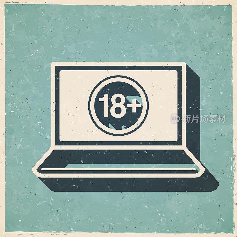 笔记本电脑有18个加号(18+)。图标复古复古风格-旧纹理纸