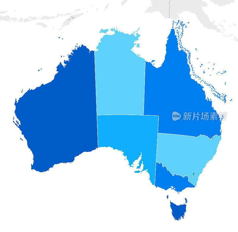高详细的澳大利亚蓝色地图，巴布亚新几内亚和印度尼西亚的地区和国家边界
