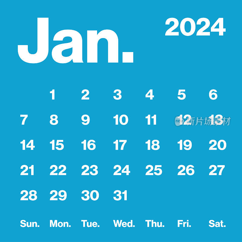 2024年1月-月历。极简风格的方形日历。向量模板。一周从周日开始