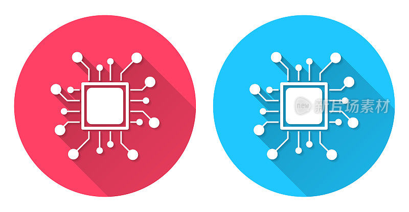 处理器。圆形图标与长阴影在红色或蓝色的背景