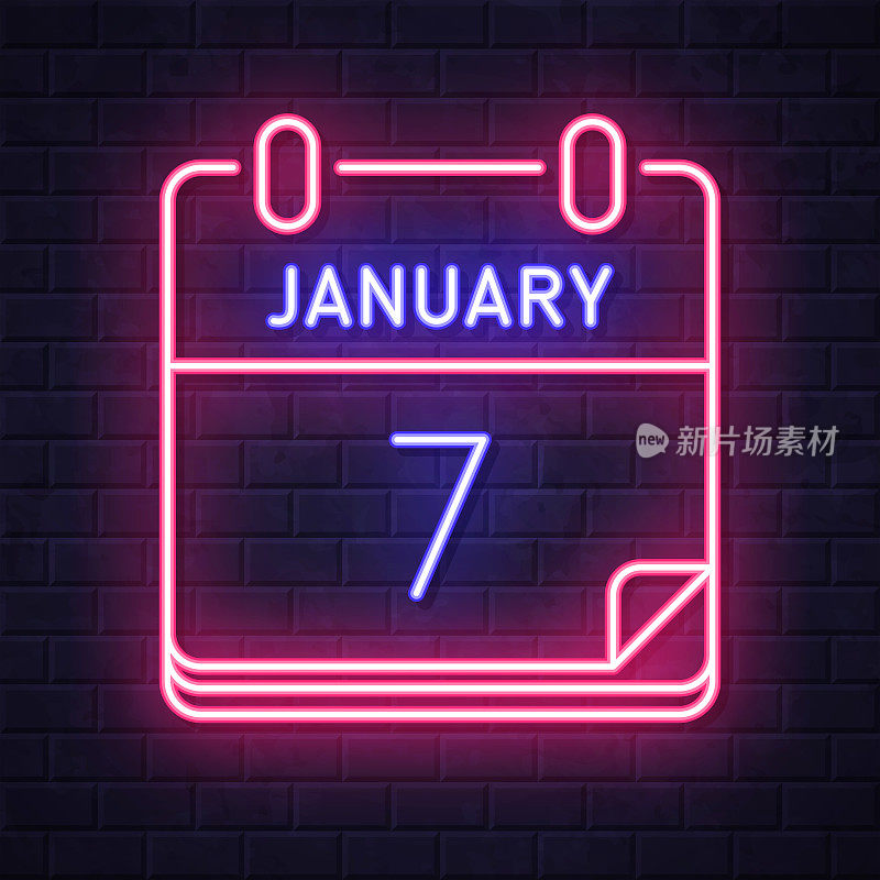 1月7日。在砖墙背景上发光的霓虹灯图标