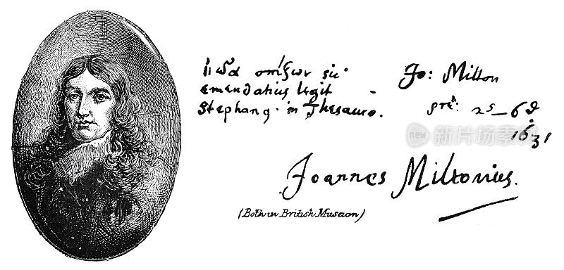 约翰弥尔顿英国诗人肖像与手写文字和签名