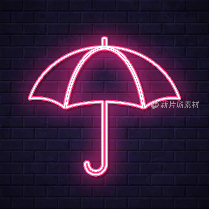 伞。在砖墙背景上发光的霓虹灯图标