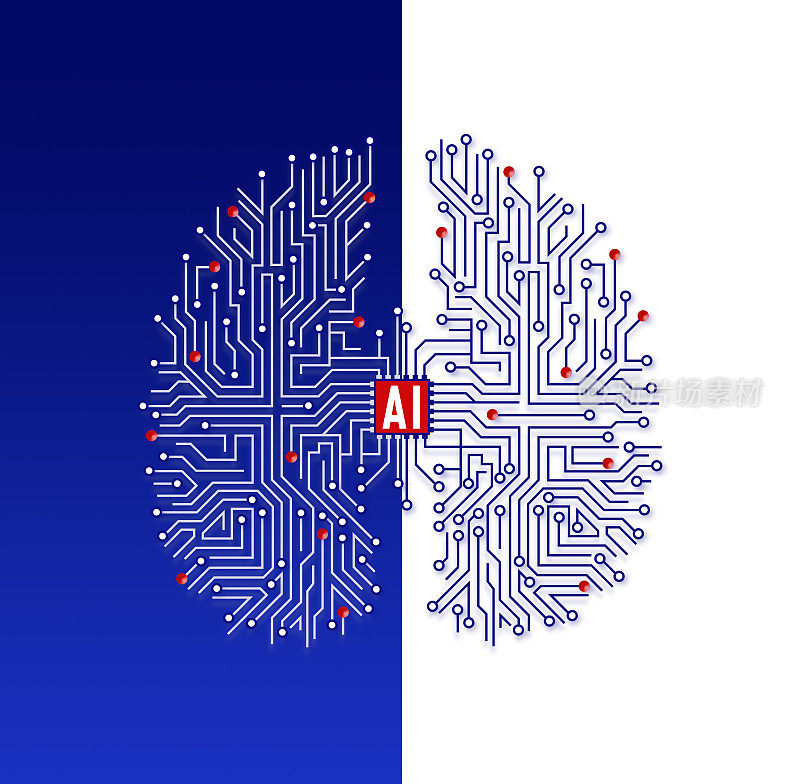 人工智能在人脑中用电路板和芯片作为大脑解剖隔离在白色上