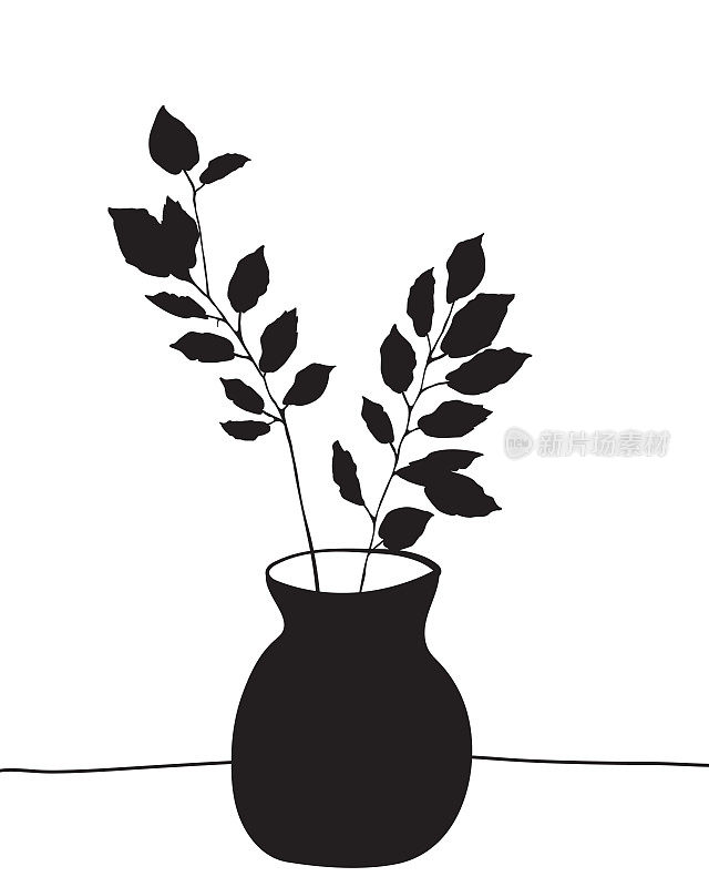 剪影植物在花瓶上透明的背景