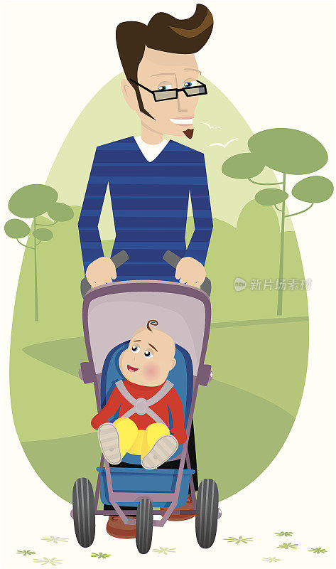 父亲和婴儿在婴儿车里散步