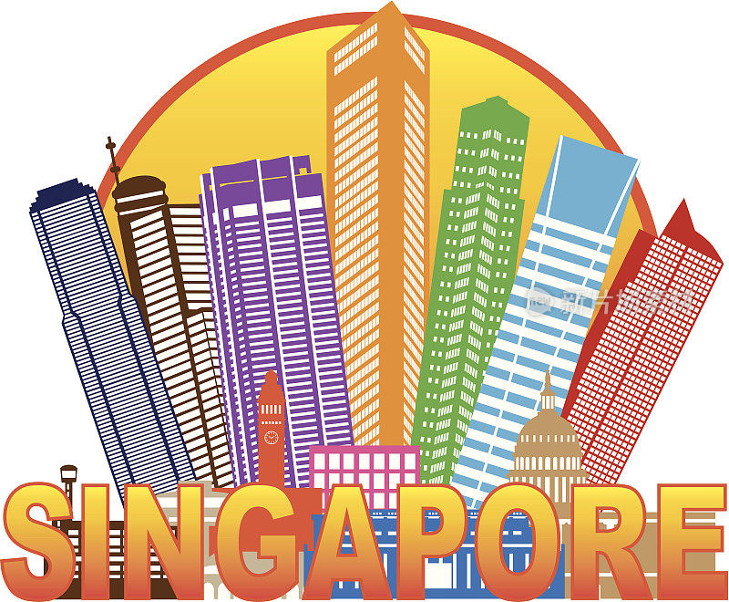 新加坡城市天际线圈颜色矢量插图