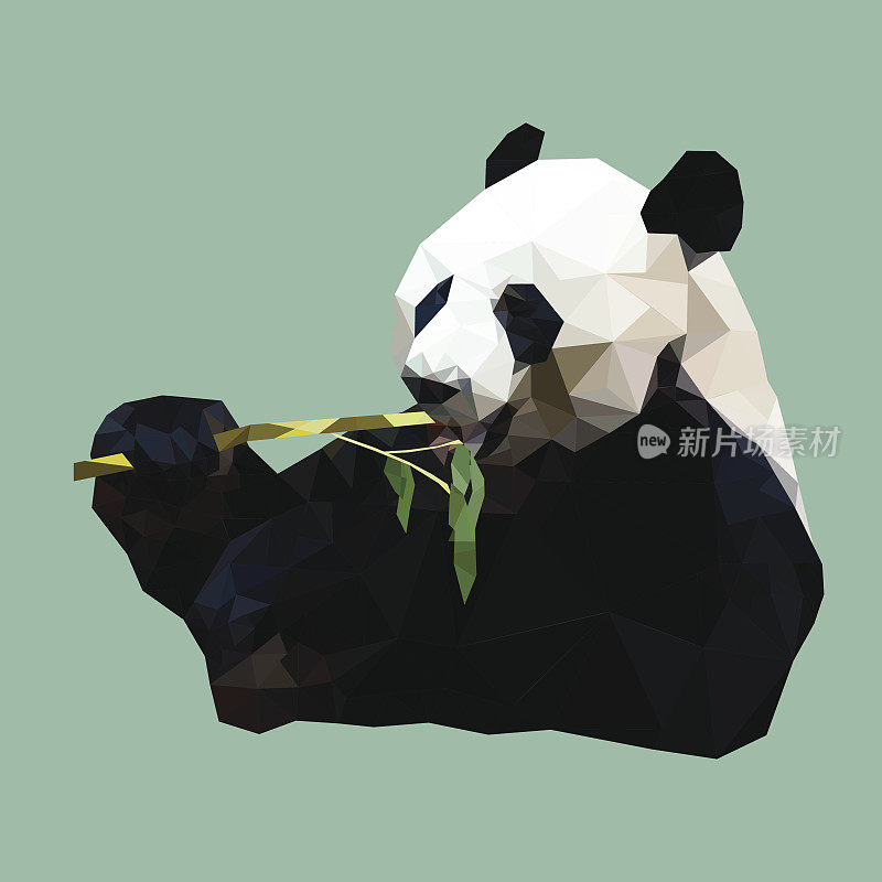 多边形大熊猫吃竹子，多边形动物，矢量插图