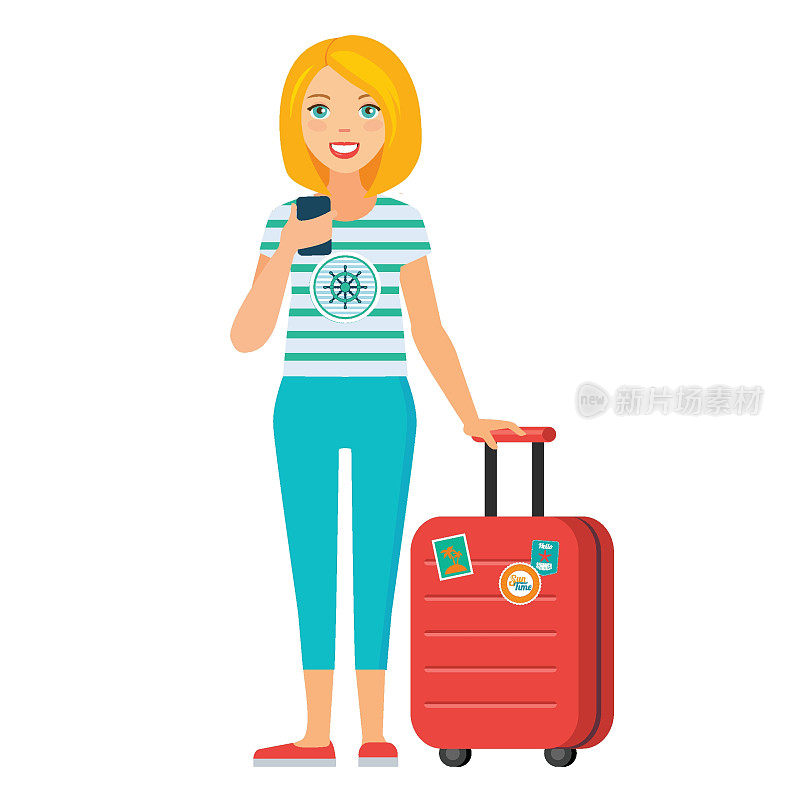 矢量插图的旅游女孩站在行李