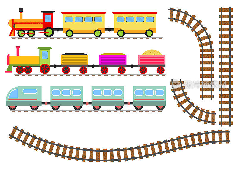 卡通火车与车厢和铁路。玩具火车乘火车去。