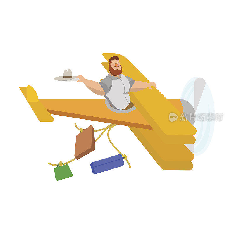 一名男子坐在一架黄色飞机上，飞机后面的行李箱系在绳子上