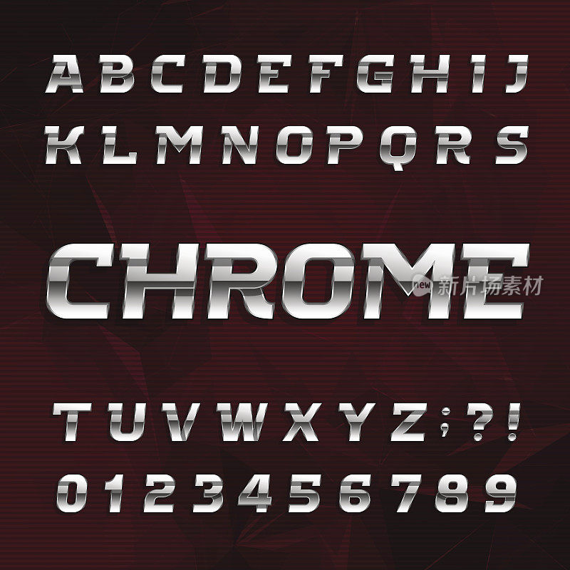 Chrome字母字体。金属效果斜字母和数字。