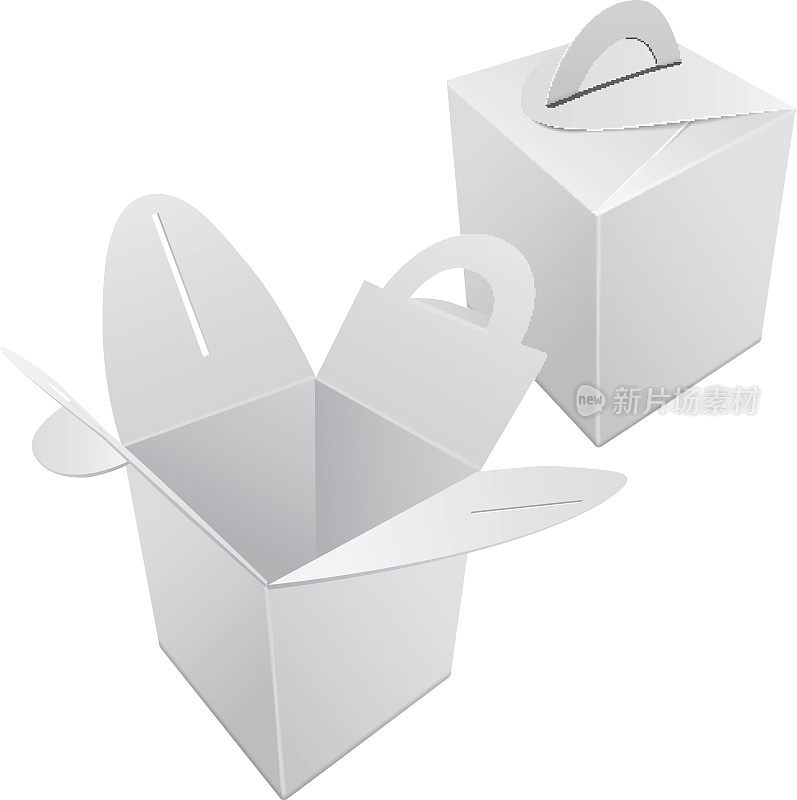一套空白牛皮纸礼品盒模型。白色带柄容器。矢量礼品盒模板，纸板包装