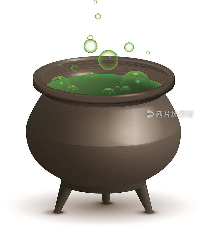大铁锅里装着绿色魔法药水。万圣节的配件