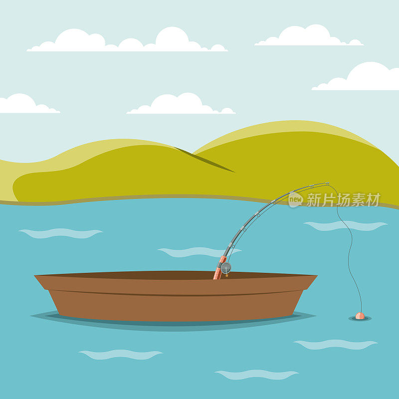 五彩缤纷的湖景和渔船背景