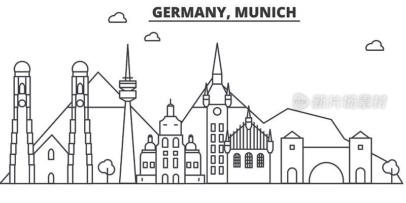 德国，慕尼黑建筑线天际线插图。线性向量的城市景观与著名的地标，城市景观，设计图标。风景与可编辑的笔触