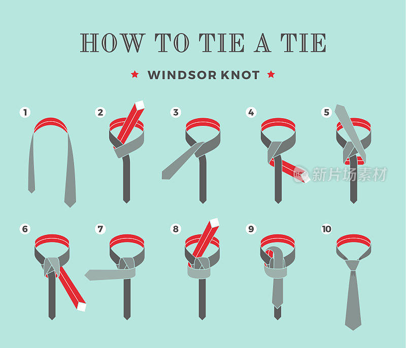 说明如何在绿松石背景上打领带的八个步骤。温莎结。矢量插图。