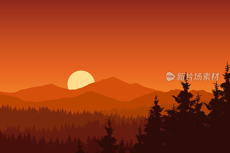 矢量图的山景观与森林下的橙色天空与升起的太阳
