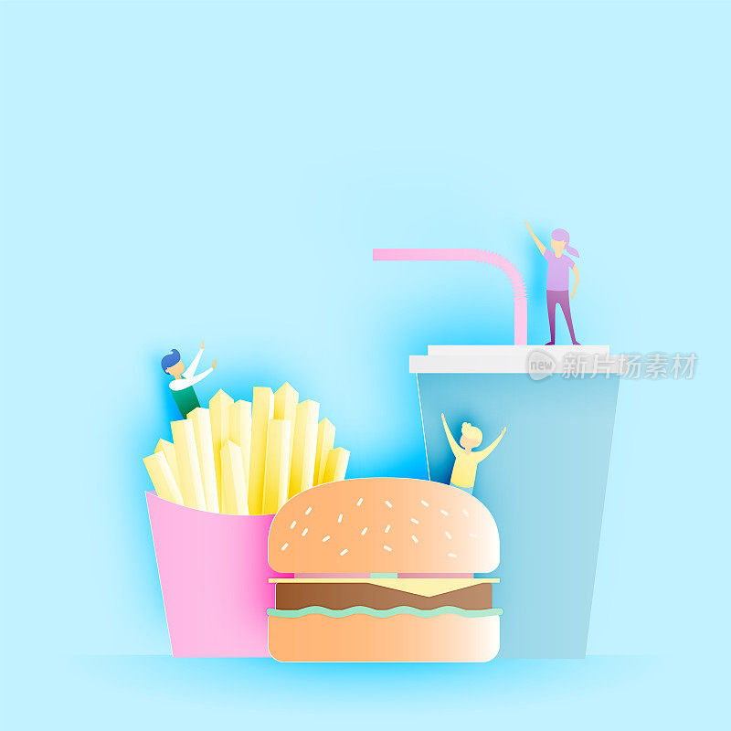快餐汉堡和软饮料与炸薯条在纸艺术风格矢量插图