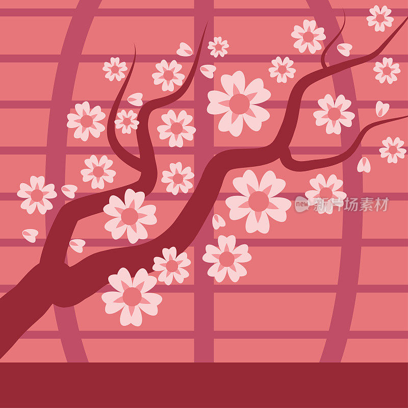 樱花日本樱花枝矢树与盛开的鲜花插图。樱花日本樱花和粉红色樱花花。传统的日本开花树设计