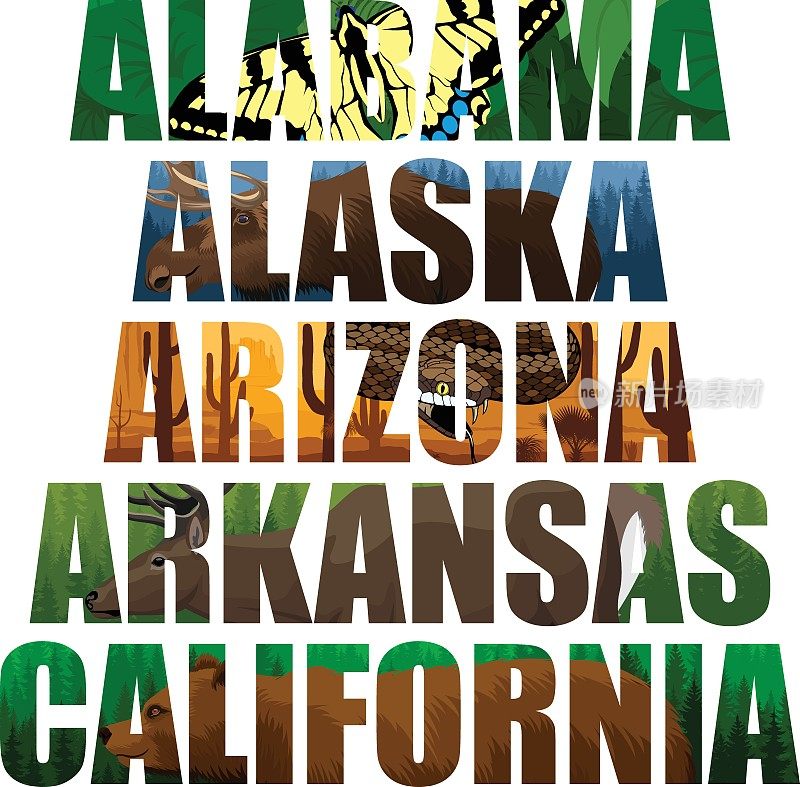 向量集的美国州字与动物-阿拉巴马，阿拉斯加，亚利桑那，阿肯色州，加利福尼亚州