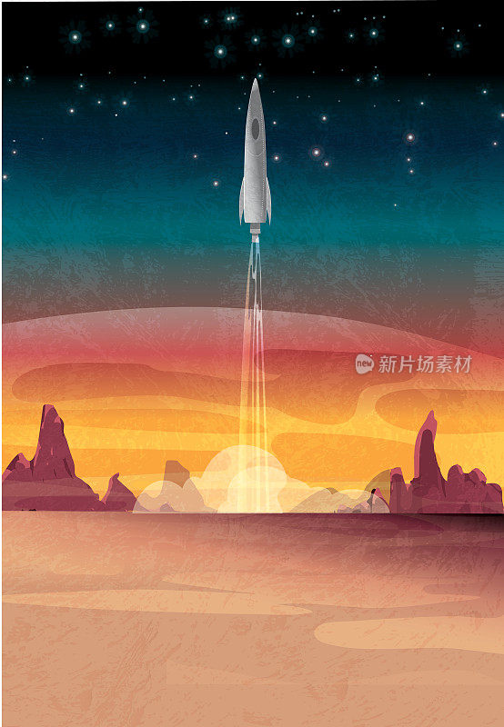 火星与宇宙飞船火箭起飞