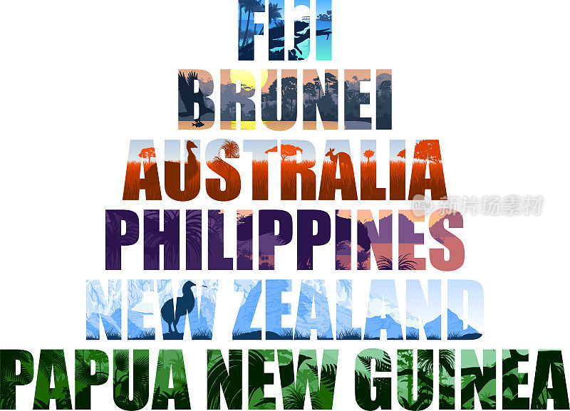 大洋洲国家插图:斐济，文莱，澳大利亚，菲律宾，新西兰，巴布亚新几内亚