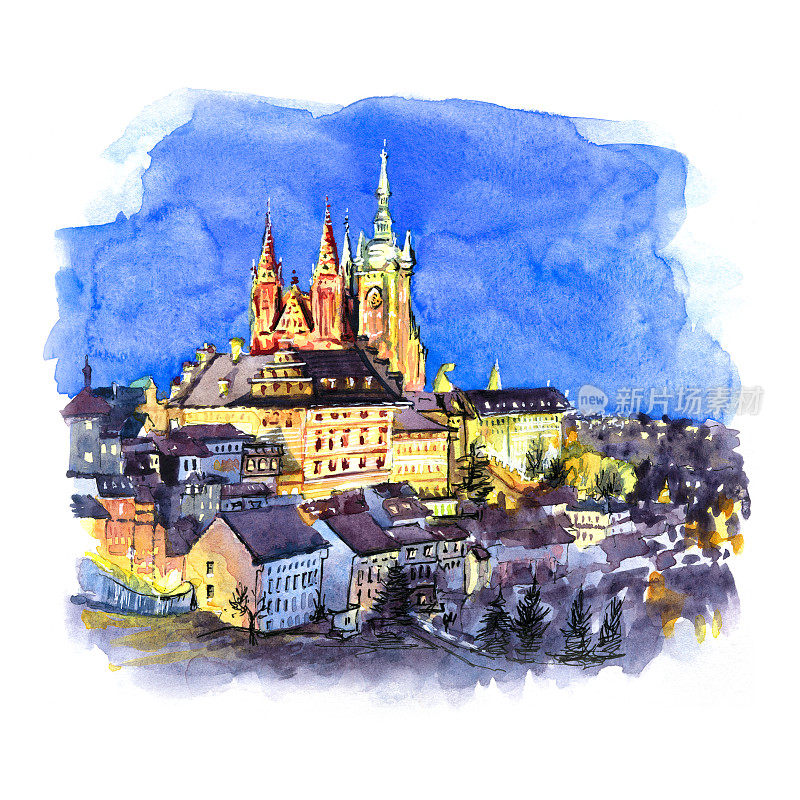 捷克共和国夜晚的金色布拉格城堡