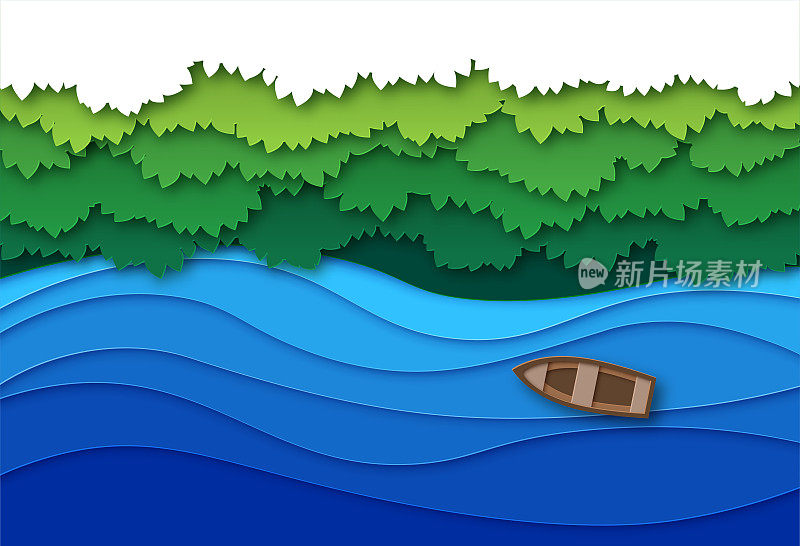 剪纸河。顶视图水溪流和绿色的热带森林树木树冠。创意折纸自然空中矢量景观