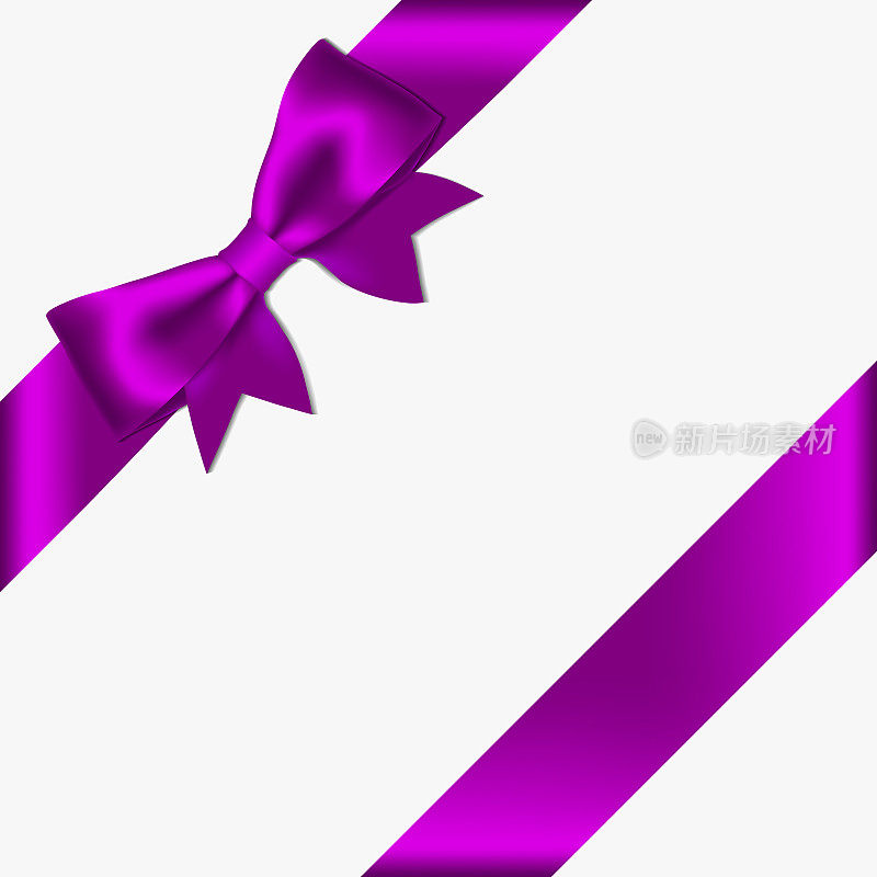 现实装饰光泽缎紫色蝴蝶结丝带丝带，孤立在白色背景。