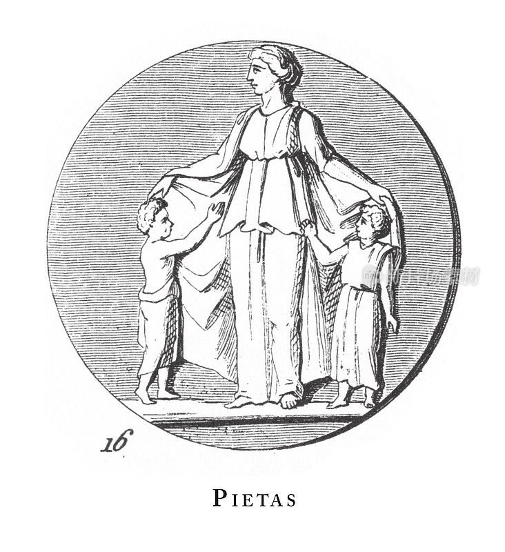 Pietas，罗马的祭祀;神与神话人物雕刻古董插图，出版于1851年