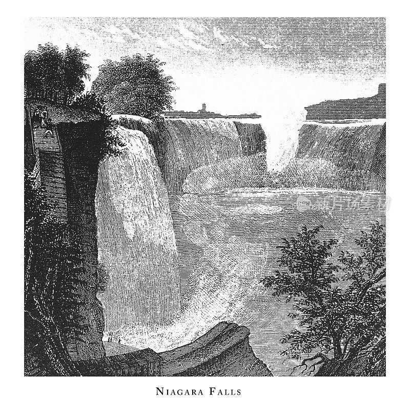尼亚加拉瀑布，火山，间歇泉和瀑布雕刻古董插图，出版于1851年