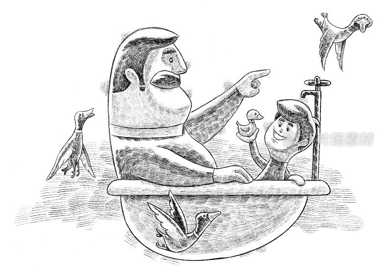 男孩和父亲坐在浴缸素描