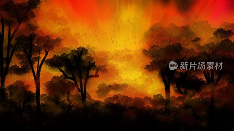 山水画:森林火灾，烧毁的树木