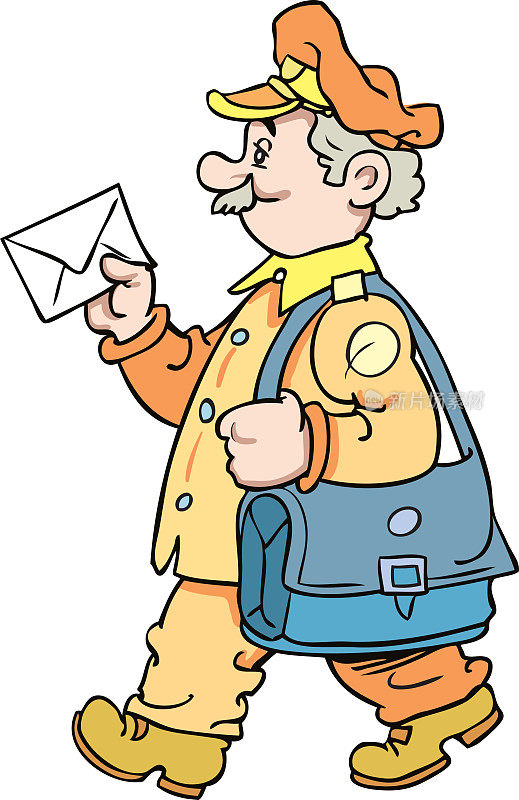 卡通邮递员拿着邮件和袋子