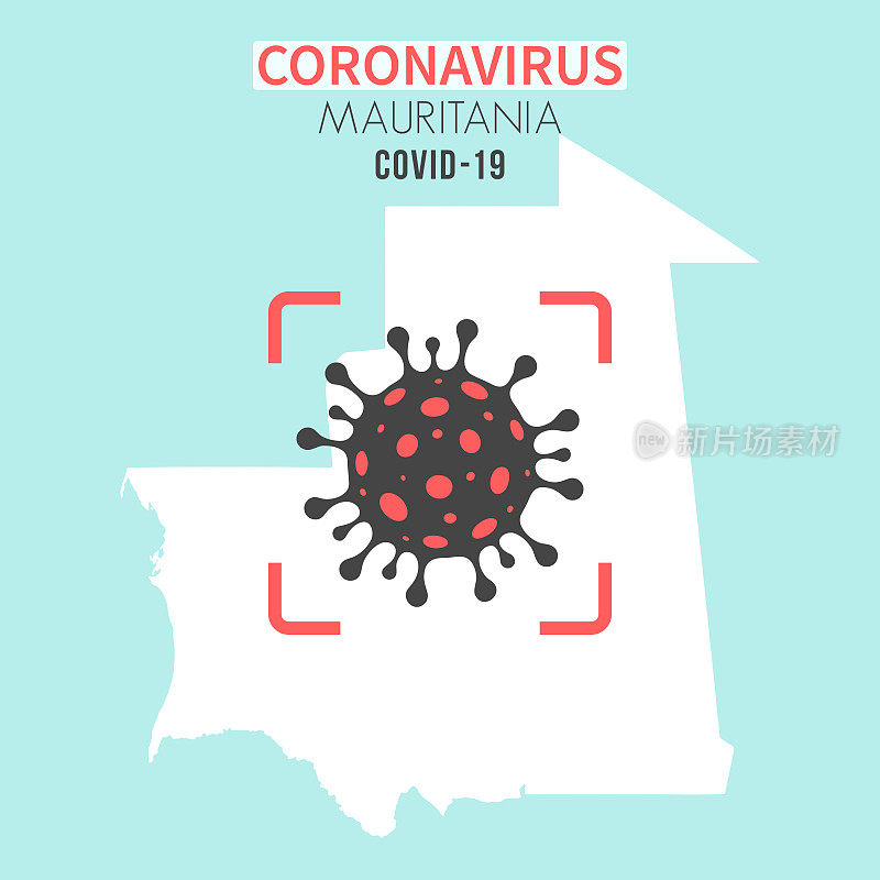 毛里塔尼亚地图，红色取景器中有冠状病毒细胞(COVID-19)