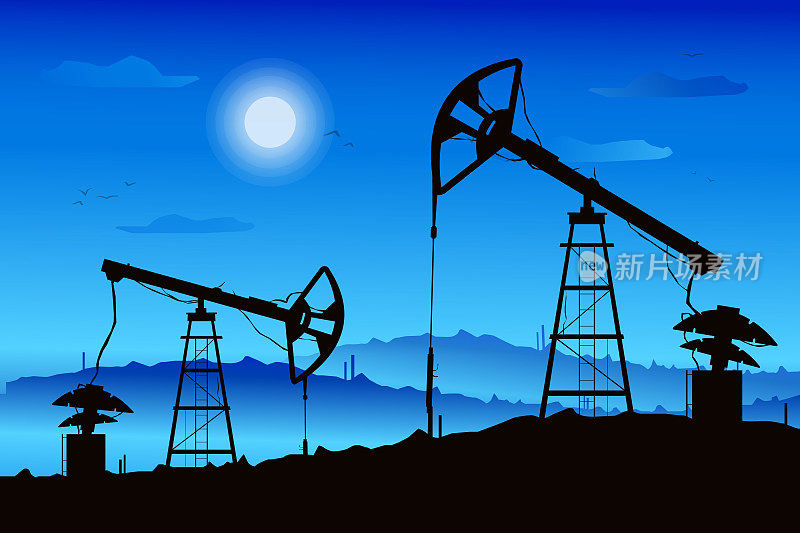 井架钻机示意图。黑色剪影在蓝色梯度月亮夜的背景。勘探、石化工业。石油的画面。景观和石油钻探驳船。