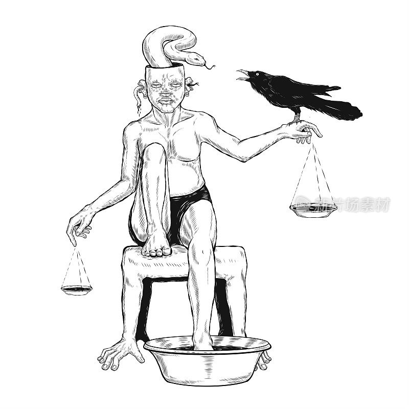 天秤上挂着人形，坐在椅子上，脚放在水罐里。蛇从头上冒出来，手里握着一只黑乌鸦。手绘插画向量。纹身设计。黑白艺术。