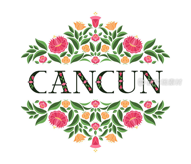 墨西哥坎昆插图矢量。背景与传统花卉图案从墨西哥刺绣花卉装饰设计。