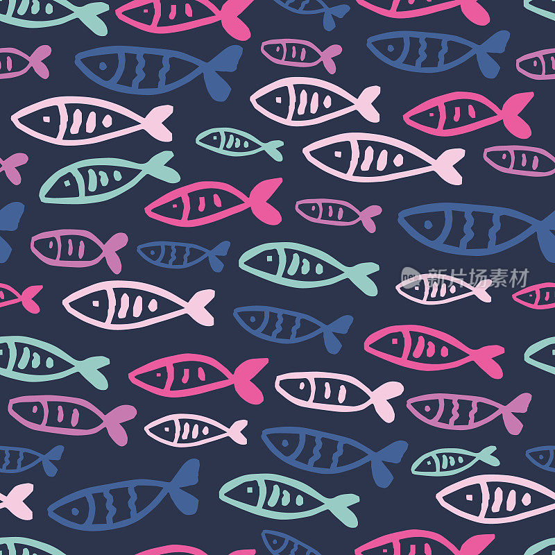 群，五彩斑斓的鱼群。矢量无缝模式在涂鸦风格。
