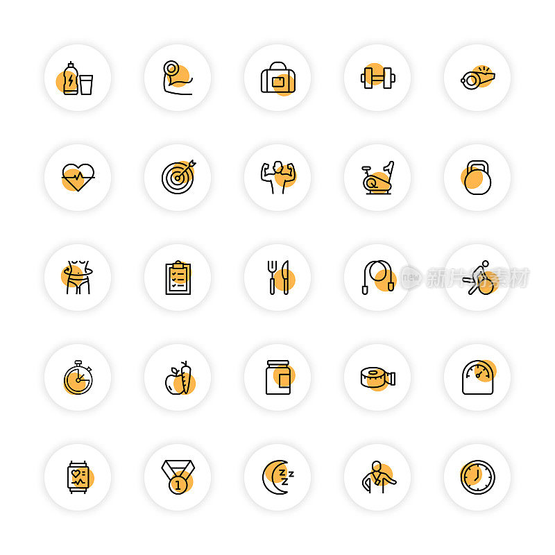 健身和锻炼相关的线条图标。向量符号说明。