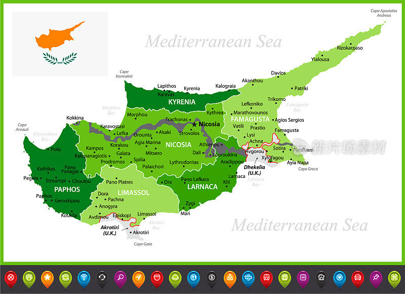 塞浦路斯国旗地图。矢量绿色插图与地区和首都城市
