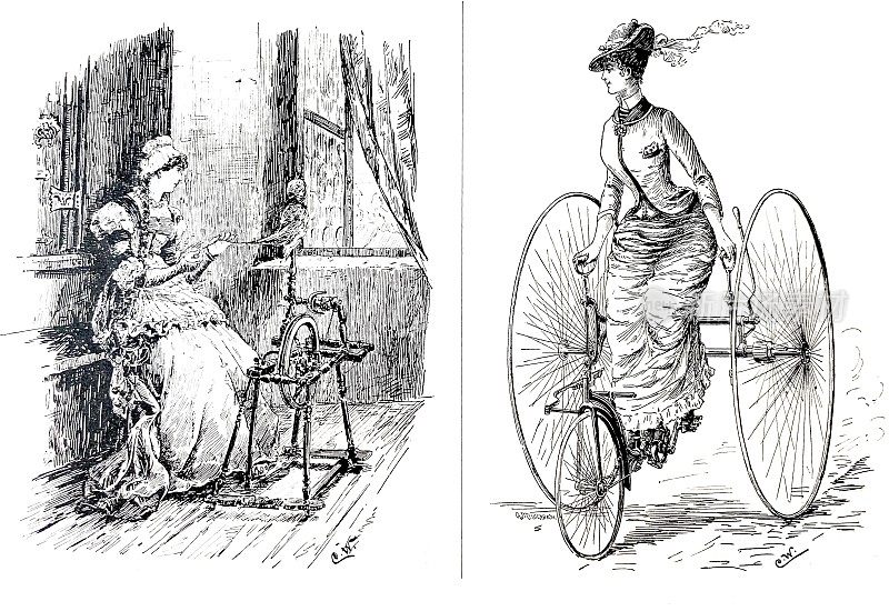 女人过去和现在的生活:女人在纺车和三轮车上
