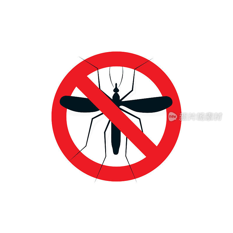 防蚊驱蚊标志。停止昆虫喷雾图标。危险的吸血飞蚊警告标志。疾病发射机的信号。红叉圈隔离按蚊，登革热传播媒介符号