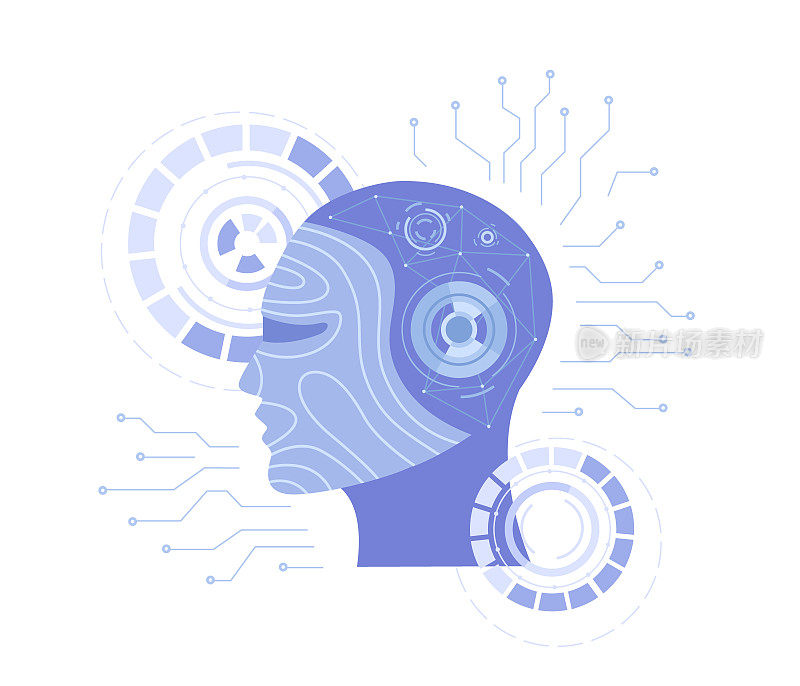 人工智能AI，未来技术，数字大脑，机器学习，数据挖掘。带有人脸的机器人头，带有数字电路的大脑，神经网络。白色矢量图
