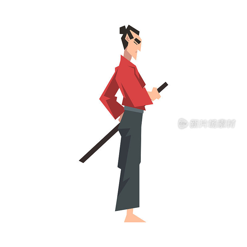 日本武士身穿红色空手道服，手持武士刀矢量图